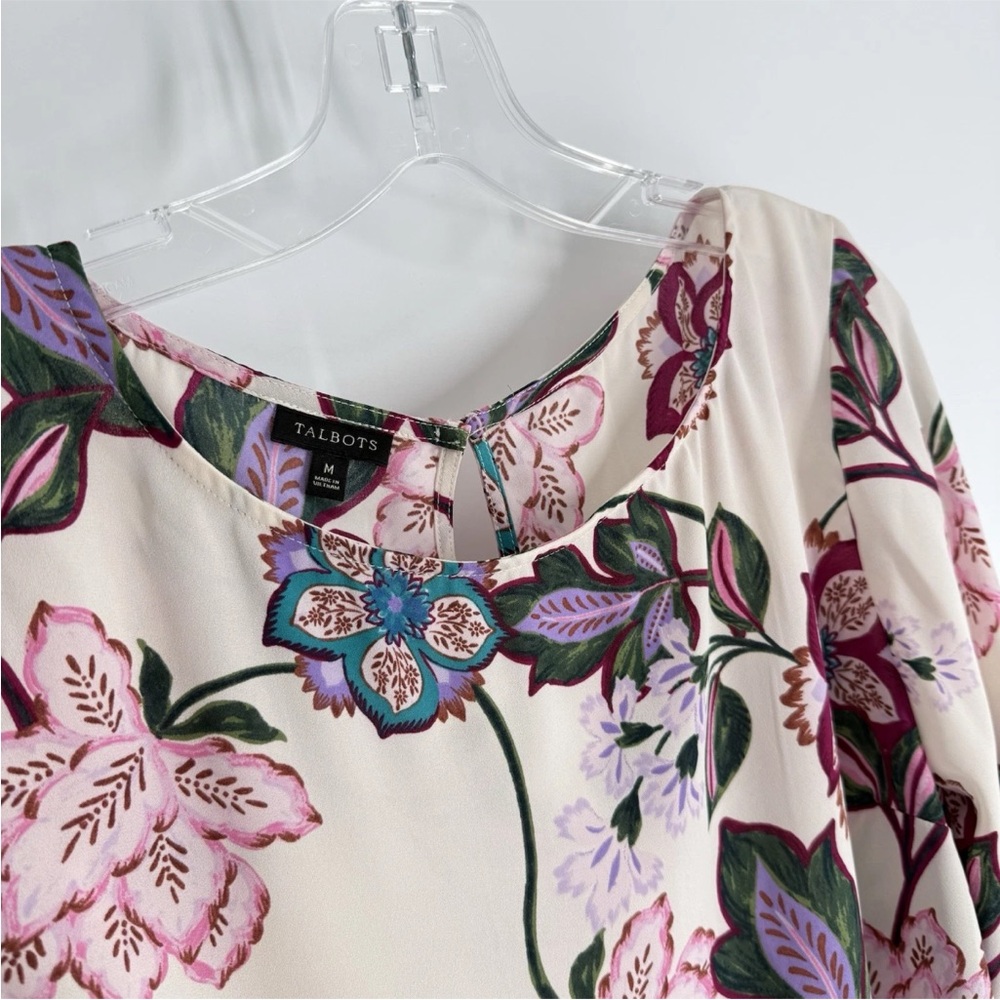 Talbots Blouse Womens Size Medium Ivory Bold Floral 3/4 Sleeve Flowy Crepe - Picture 4 of 9
